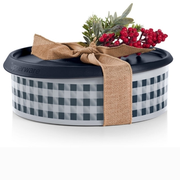 Tupperware Holiday Buffalo Plaid Cookie Gift Canister Black & White Instant Seal - Picture 1 of 8